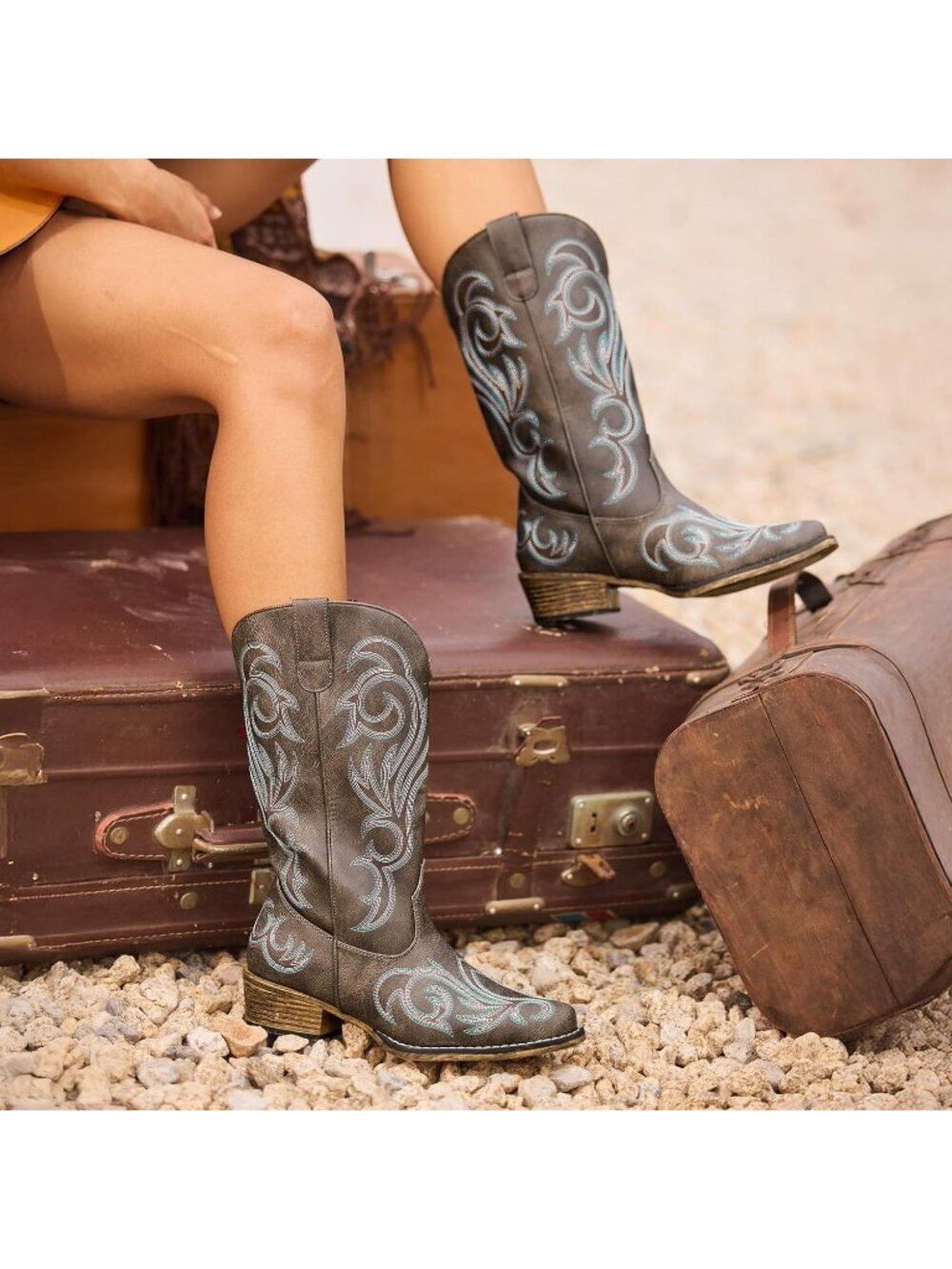 DREAM PAIRS Women's Brown Cowboy Boots Mid Calf Cowgirl Boots Square Toe Boots - Picture 3 of 6